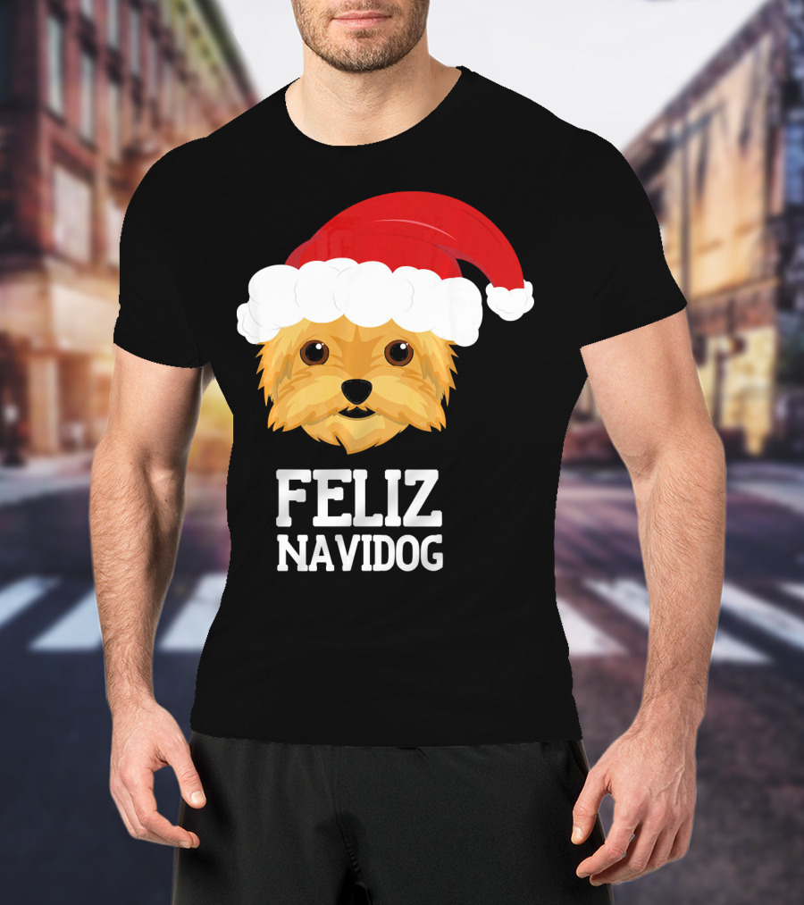 Feliz Navidog Merry Christmas Yorksh Dog Santa Hat T-Shirt