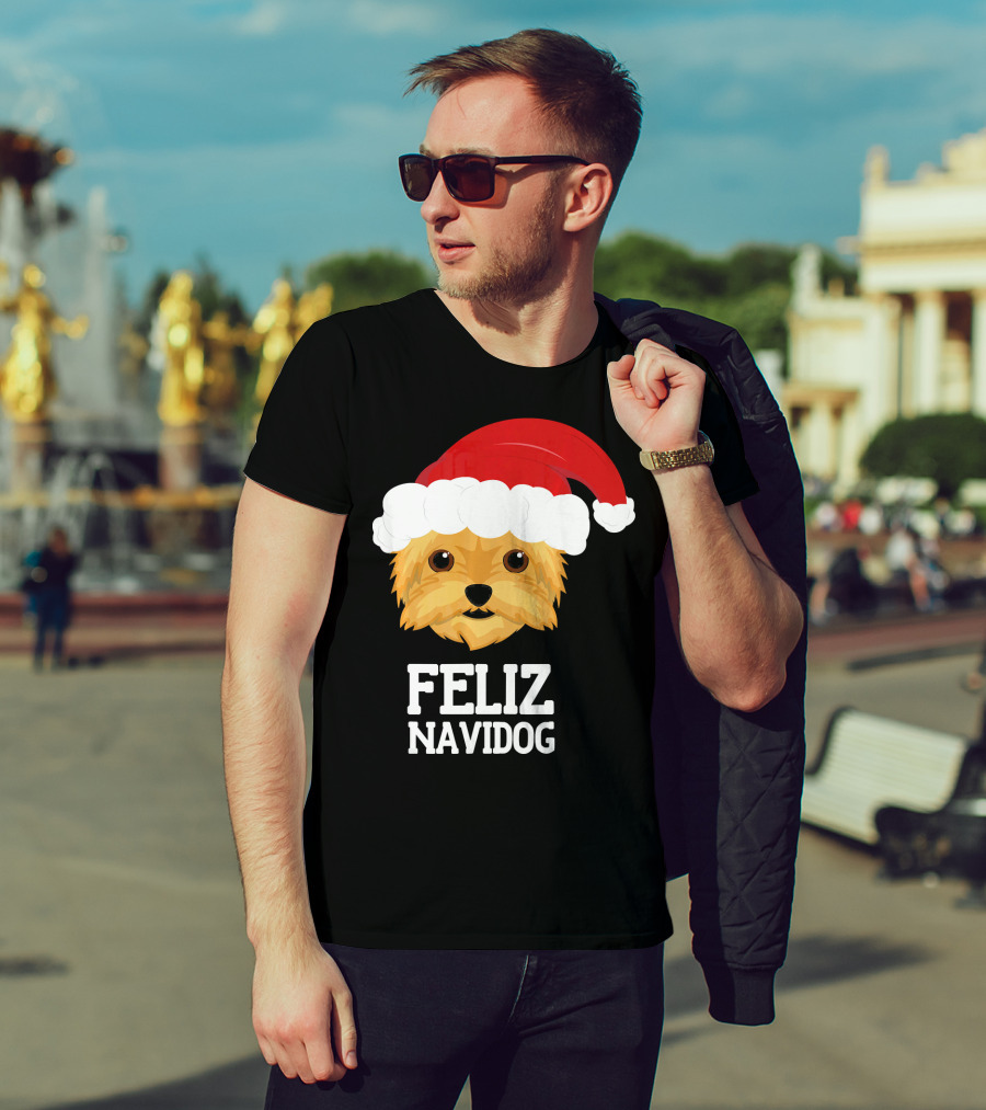 Feliz Navidog Merry Christmas Yorksh Dog Santa Hat T-Shirt