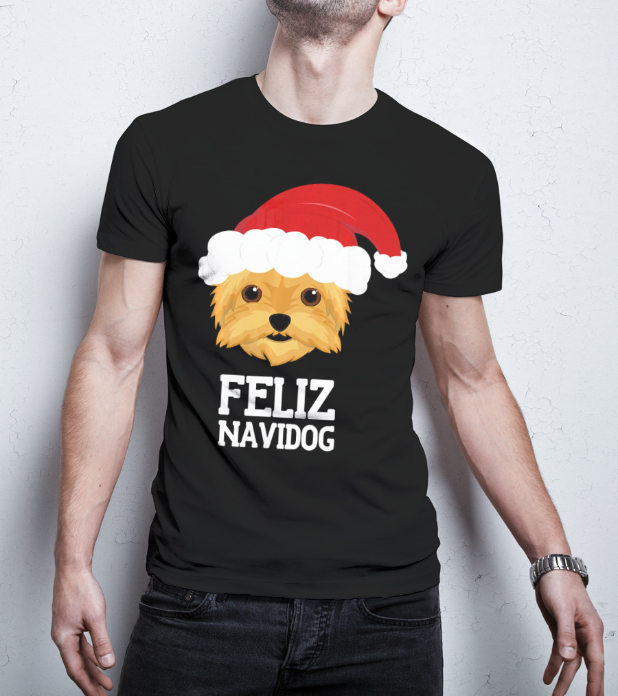 Feliz Navidog Merry Christmas Yorksh Dog Santa Hat T-Shirt
