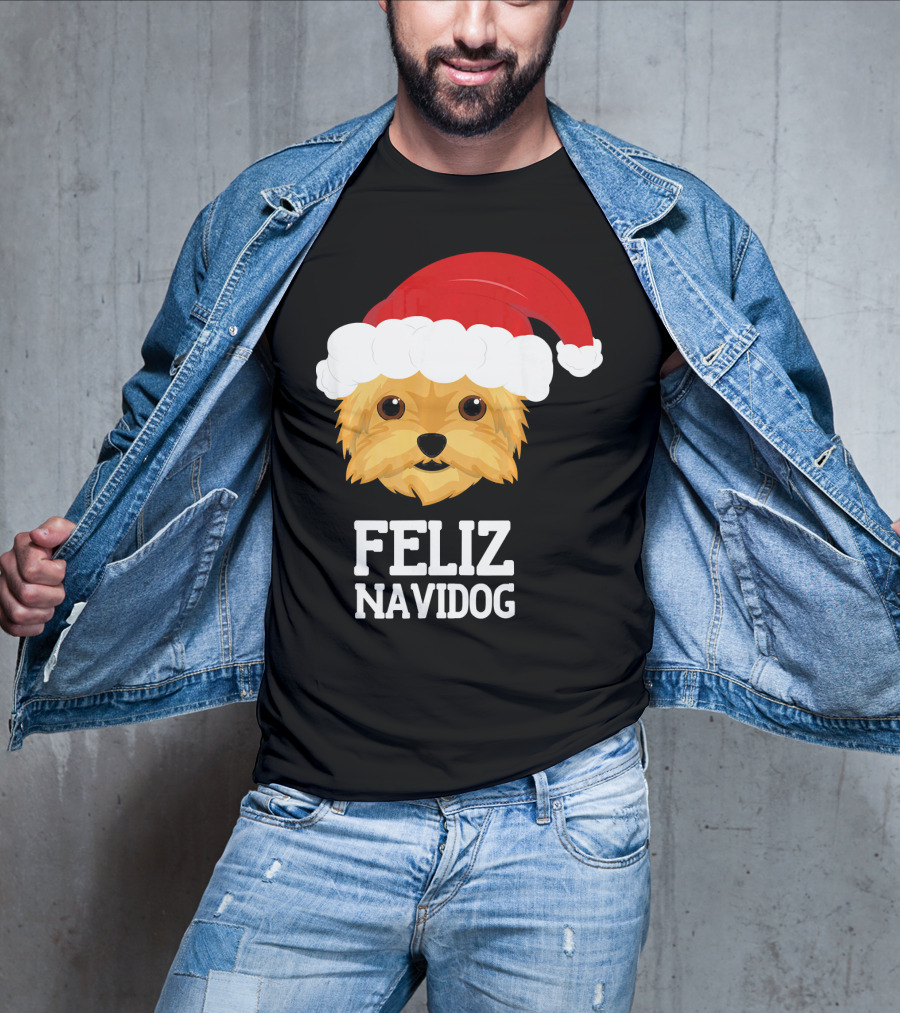 Feliz Navidog Merry Christmas Yorksh Dog Santa Hat T-Shirt