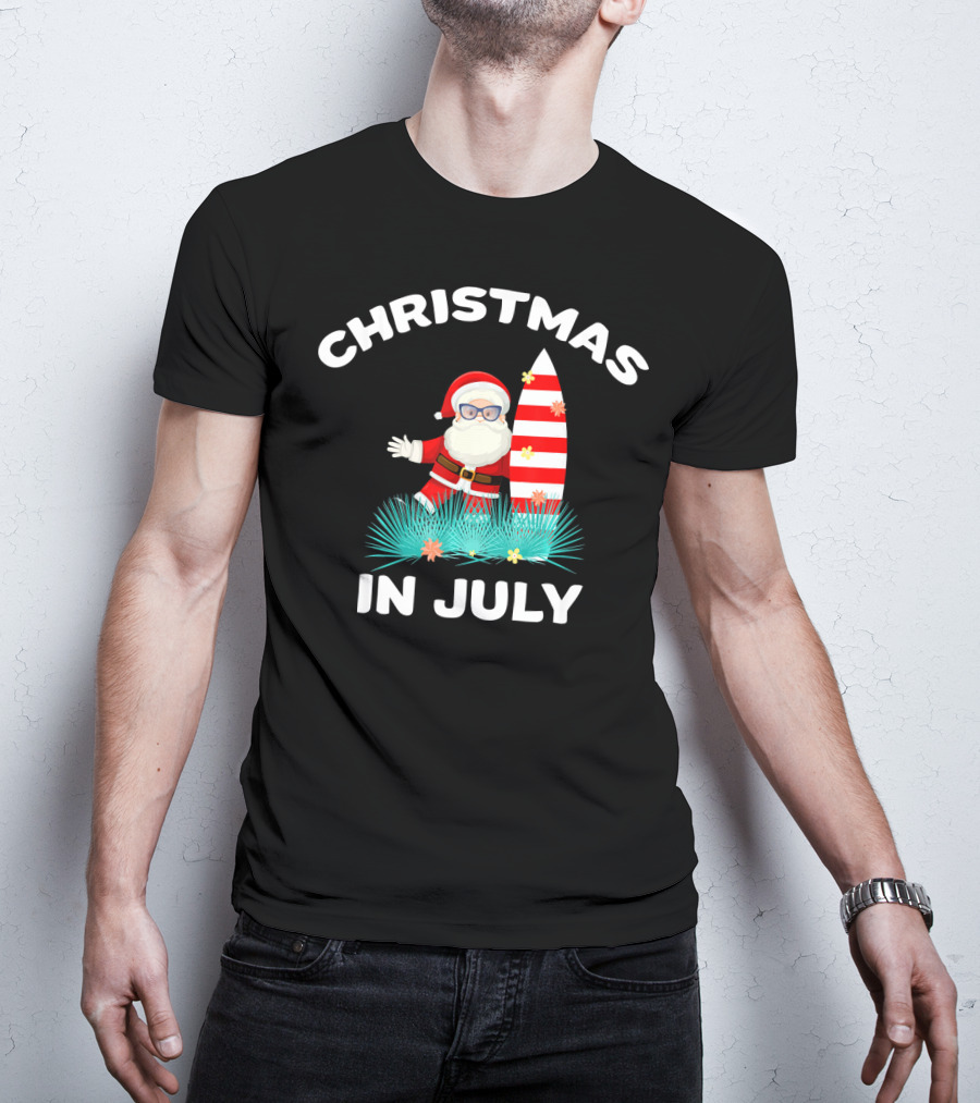 Christmas In July Santa Surfing With Hawaiian Flair T-Shirt