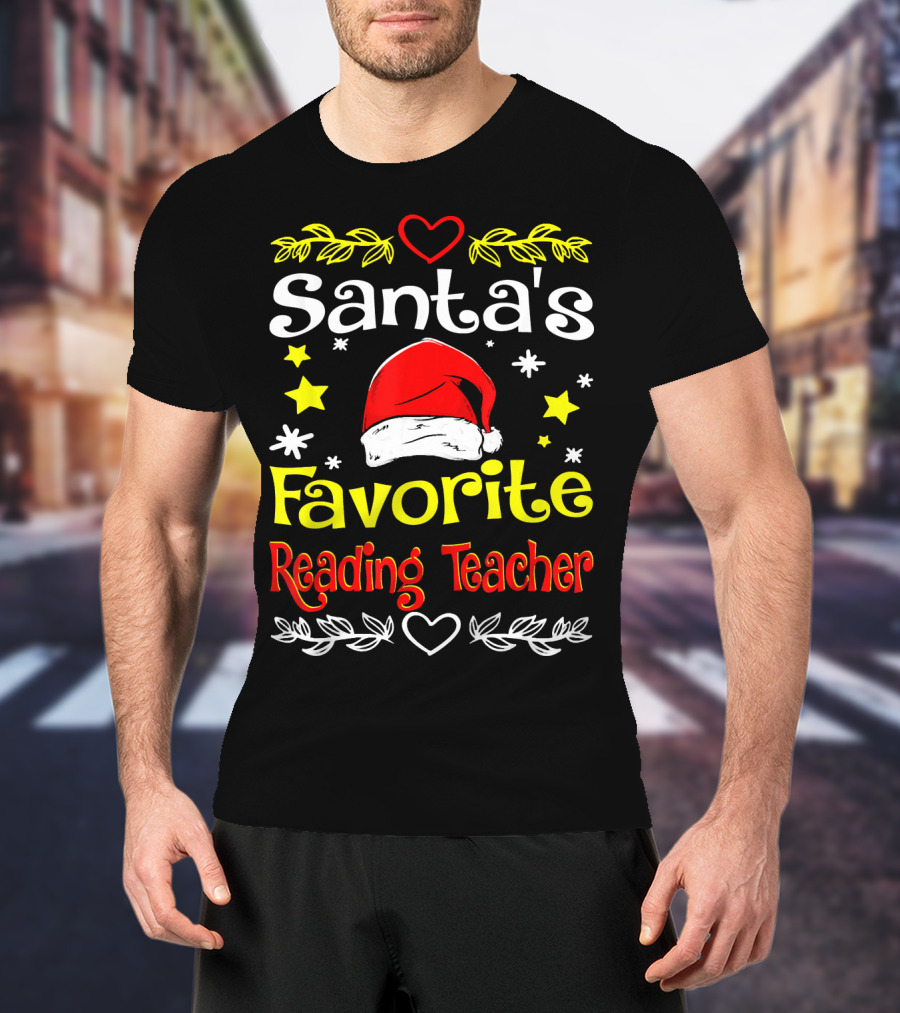 Santa's Favorite Reading Teacher Christmas Hat And Stars T-Shirt