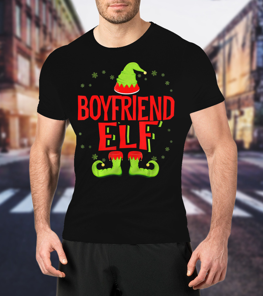 BOYFRIEND ELF Christmas Hat Boots Snowflakes T-Shirt