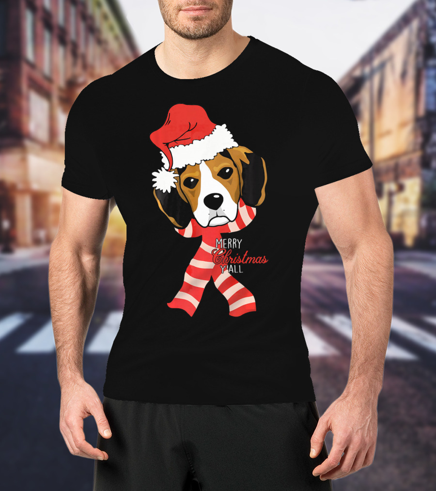 Merry Christmas Y'all Beagle Dog In Santa Hat And Striped Pajamas T-Shirt