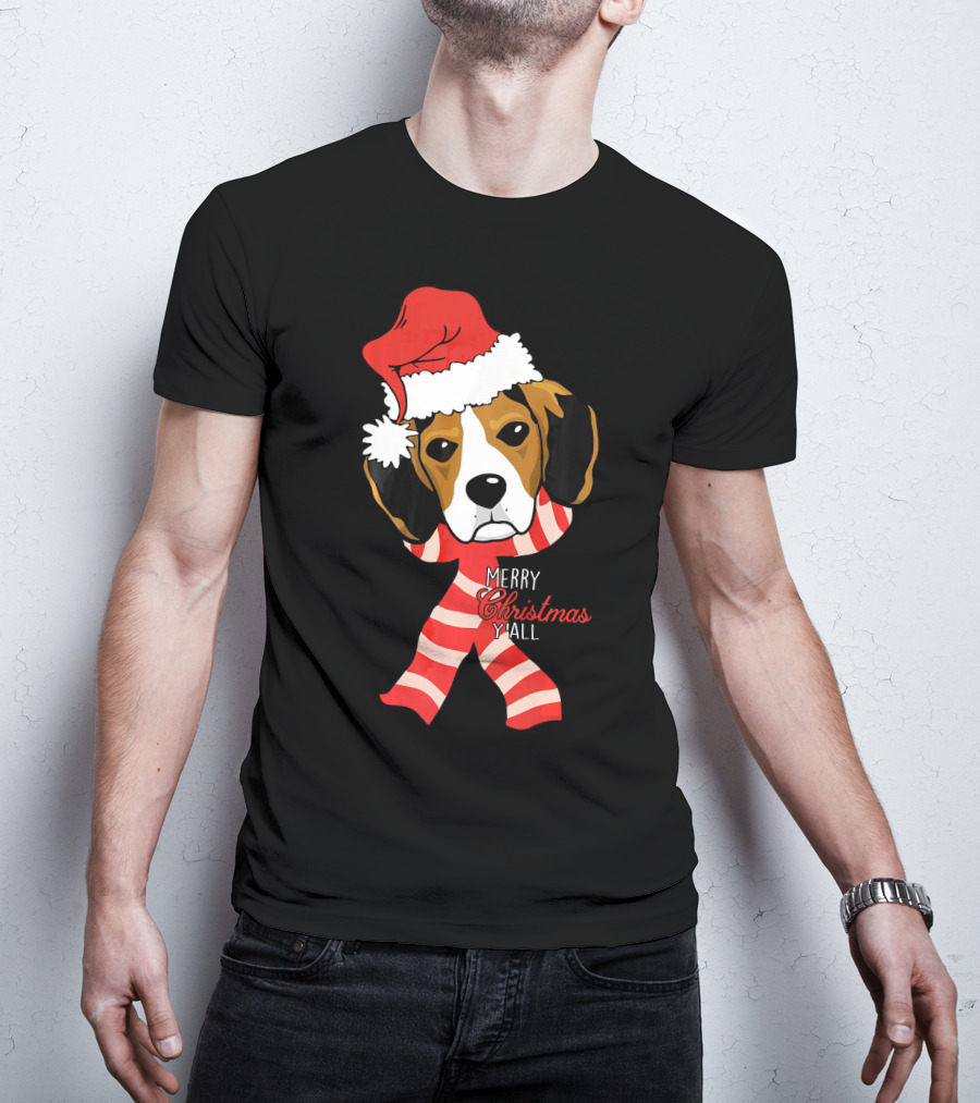 Merry Christmas Y'all Beagle Dog In Santa Hat And Striped Pajamas T-Shirt