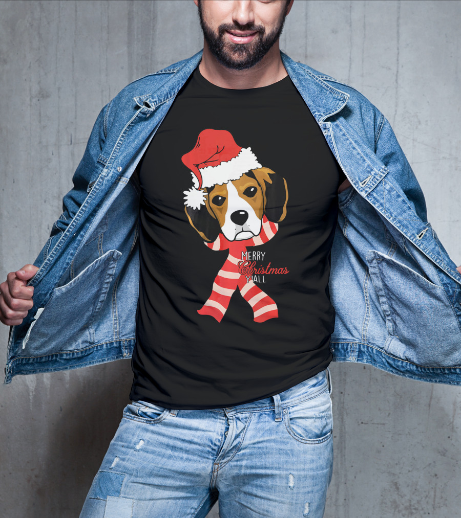 Merry Christmas Y'all Beagle Dog In Santa Hat And Striped Pajamas T-Shirt