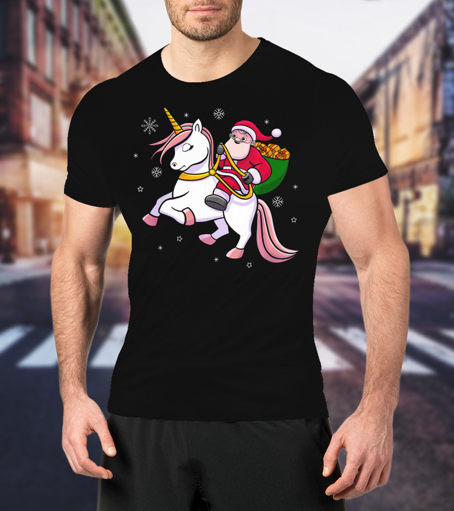 Santa Riding Unicorn With Presents For Cute Girls T-Shirt