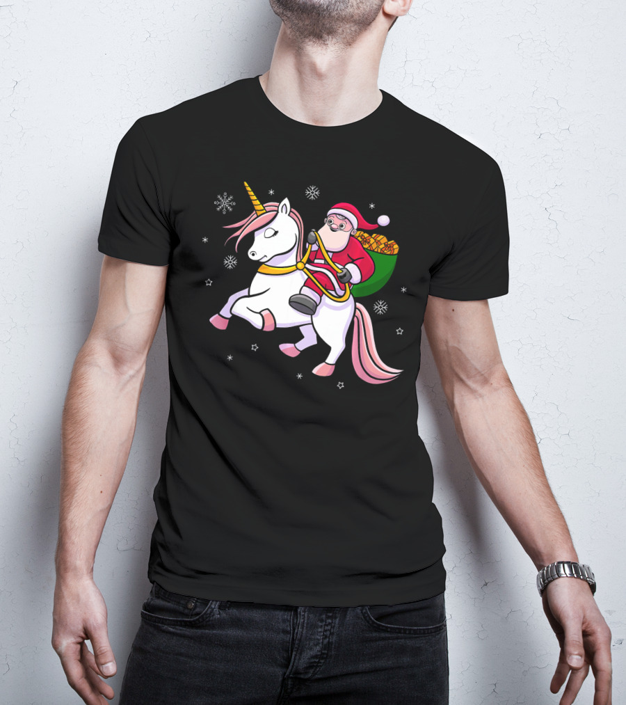 Santa Riding Unicorn With Presents For Cute Girls T-Shirt