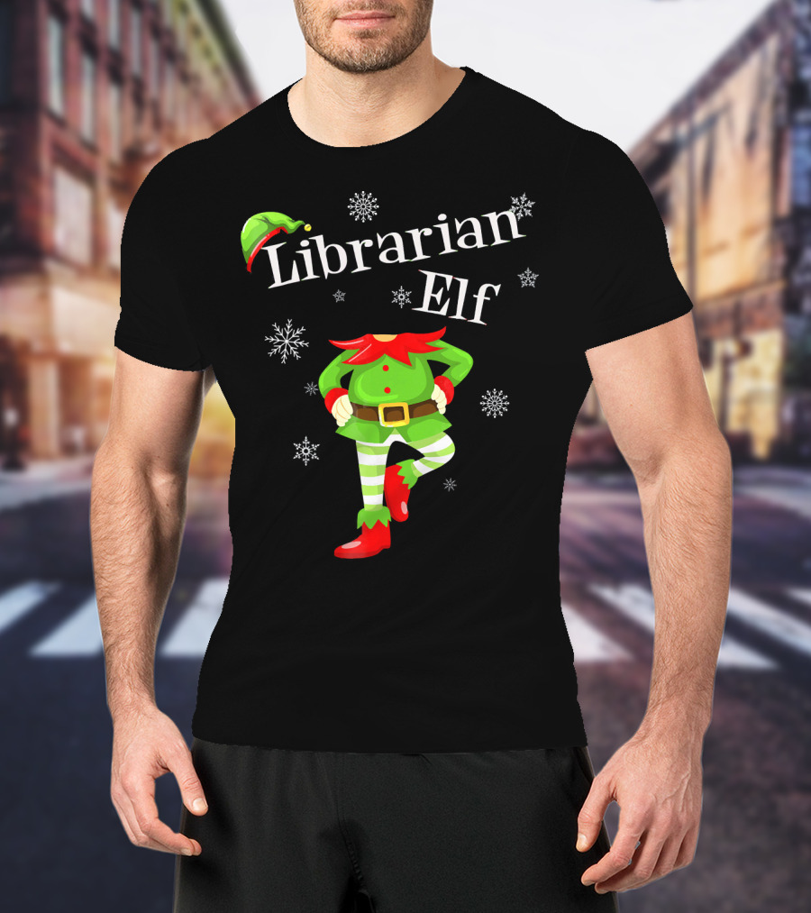 Librarian Elf In Green Outfit With Snowflakes And Red Hat T-Shirt