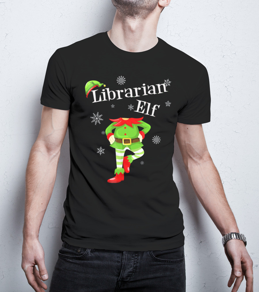 Librarian Elf In Green Outfit With Snowflakes And Red Hat T-Shirt