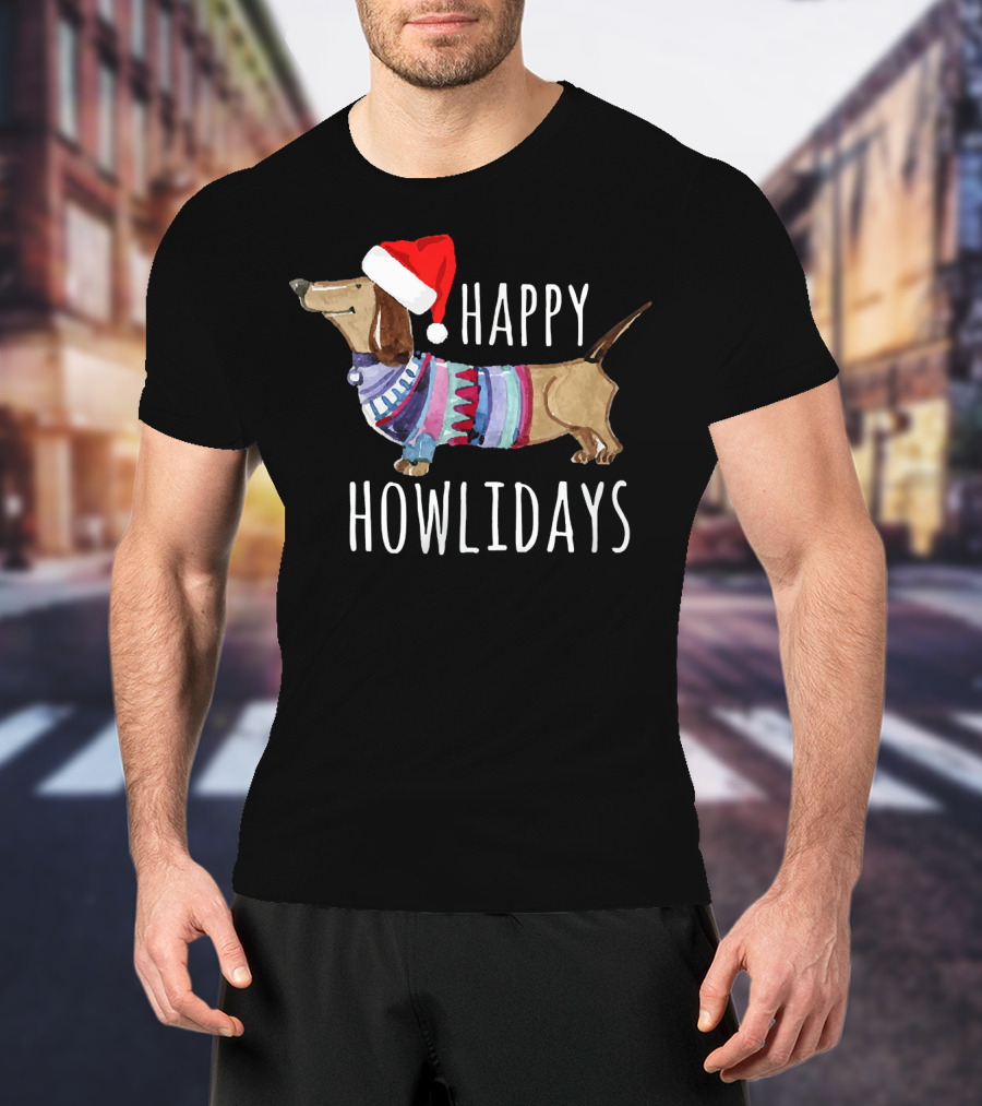 Happy Howlidays Christmas Dog Dachshund Wearing Santa Hat T-Shirt