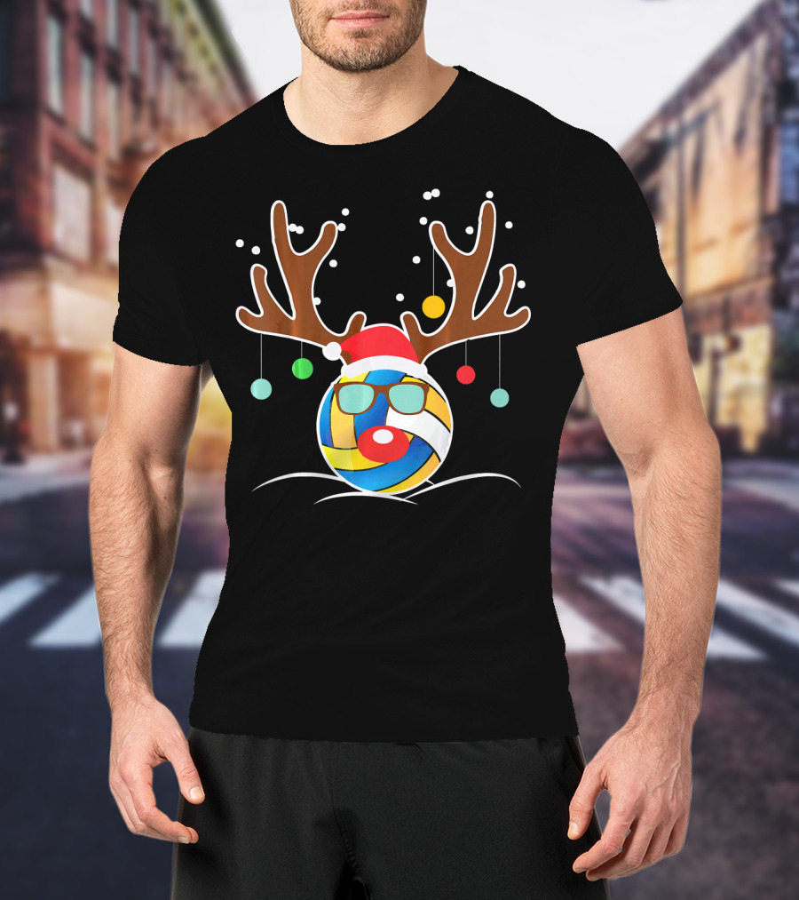 Volleyball Christmas Funny Reindeer Santa Hat Antlers Sunglasses Holiday Ornaments T-Shirt