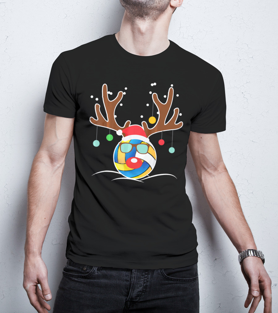 Volleyball Christmas Funny Reindeer Santa Hat Antlers Sunglasses Holiday Ornaments T-Shirt