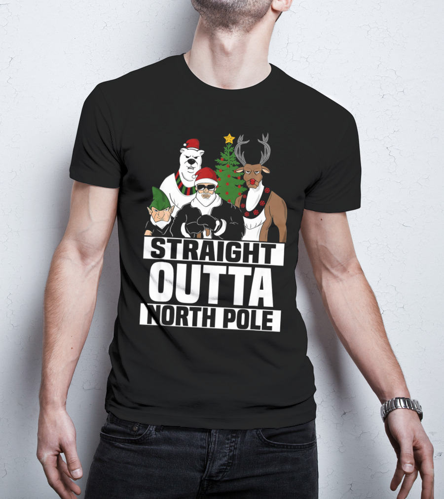 Straight Outta North Pole Christmas Characters Polar Bear Elf Reindeer T-Shirt
