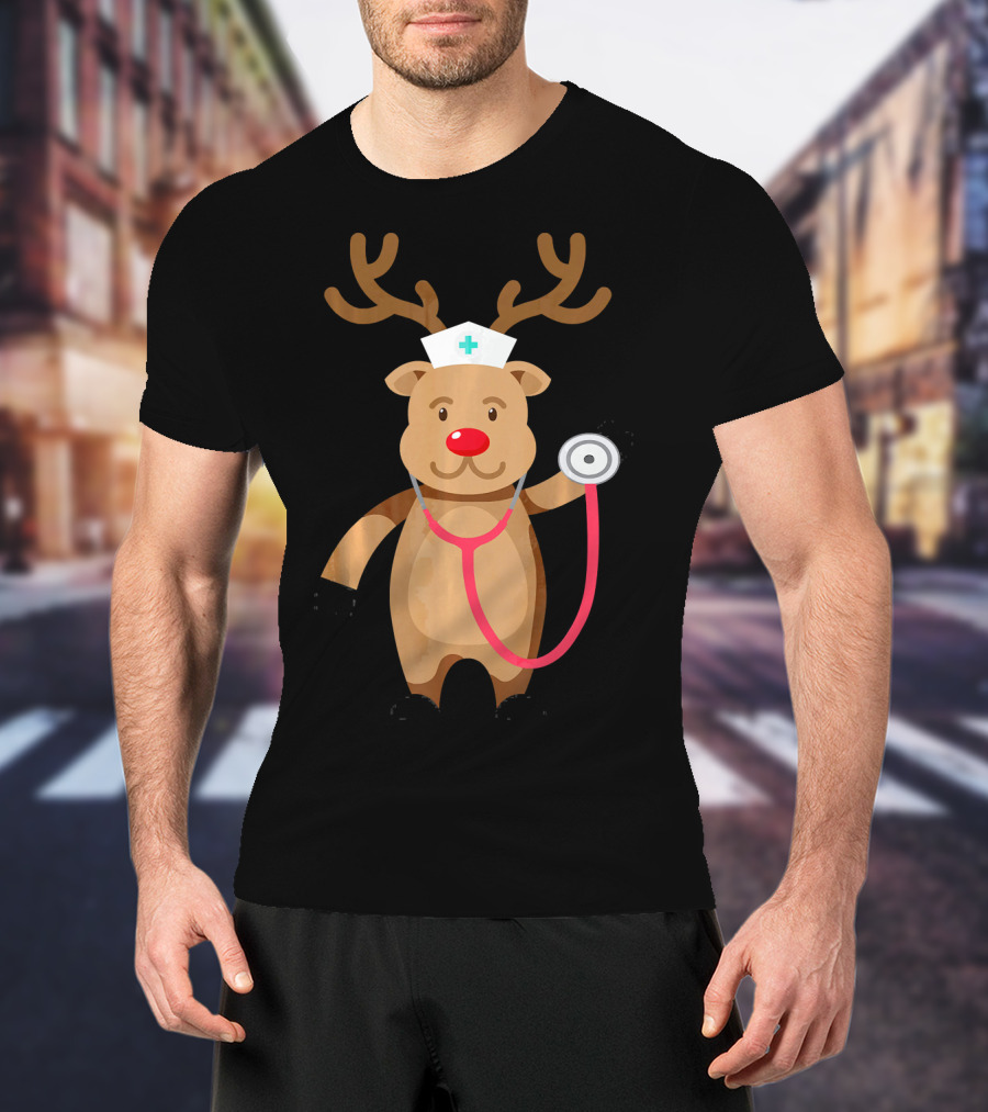 Nurse Reindeer With Stethoscope And Hat T-Shirt