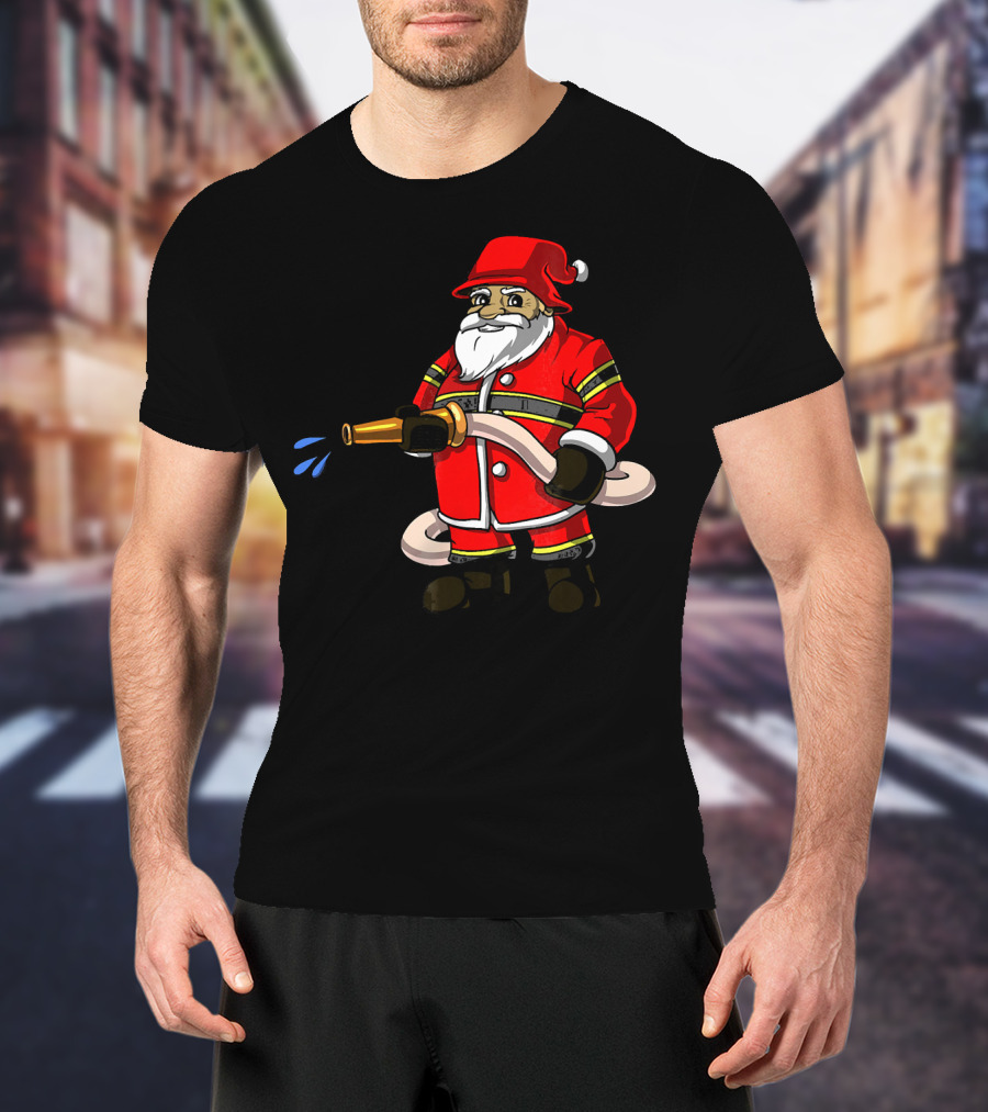 Santa Firefighter With Hose And Water Spray T-Shirt