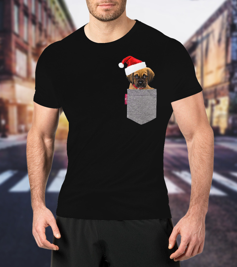 Puggle Puppy With Santa Hat In Gray Pocket Cute Beagle Pug T-Shirt