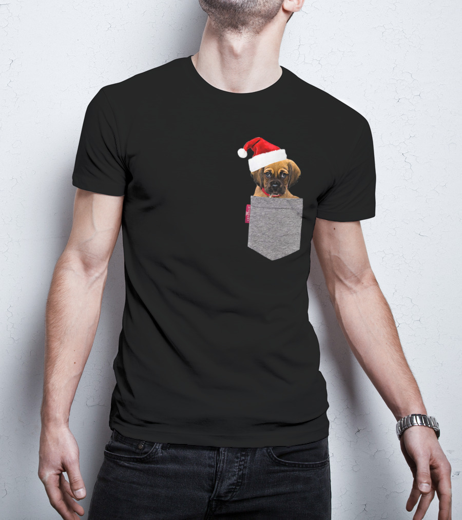 Puggle Puppy With Santa Hat In Gray Pocket Cute Beagle Pug T-Shirt