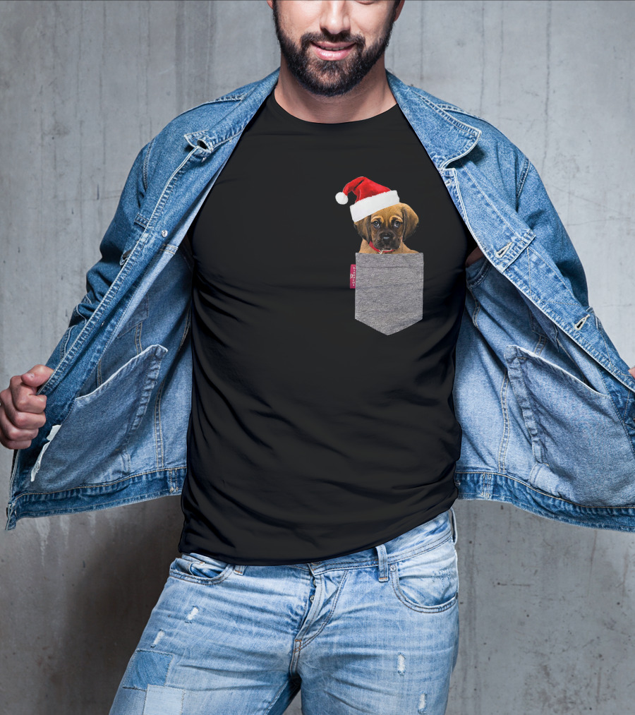 Puggle Puppy With Santa Hat In Gray Pocket Cute Beagle Pug T-Shirt