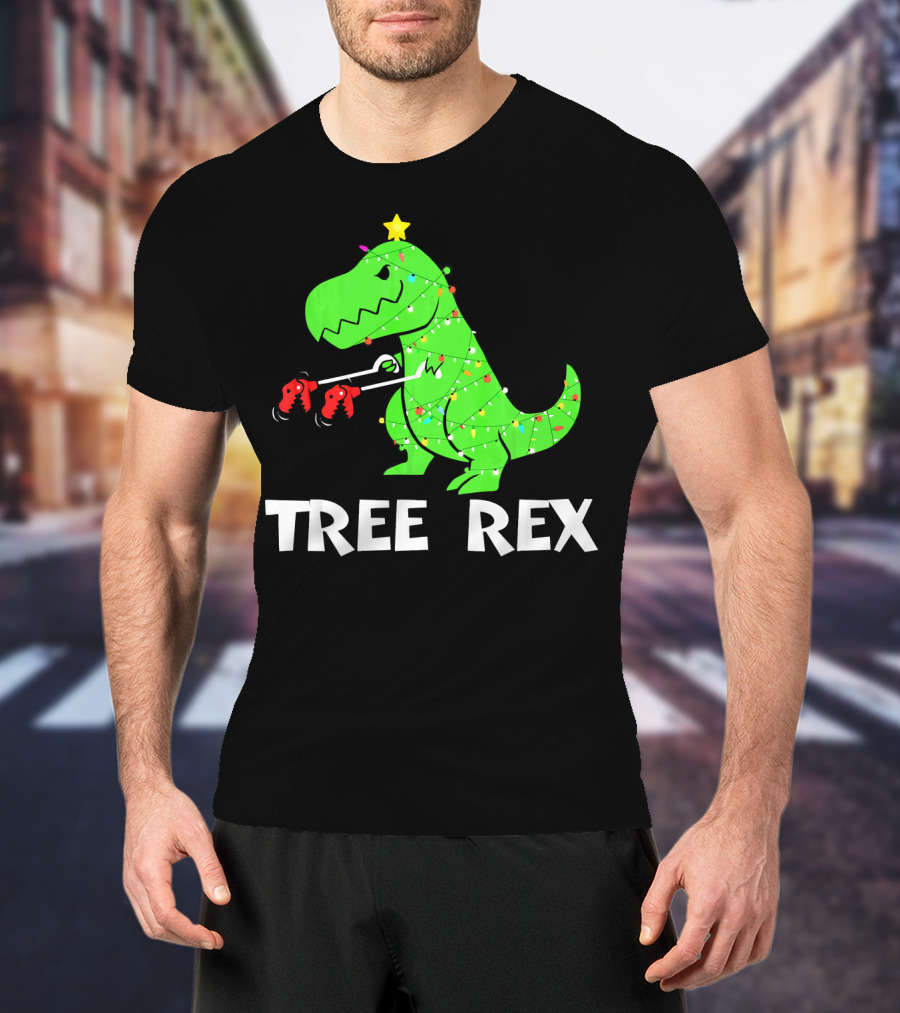 Tree Rex Funny Christmas Dinos Wrapped In Lights T-Shirt