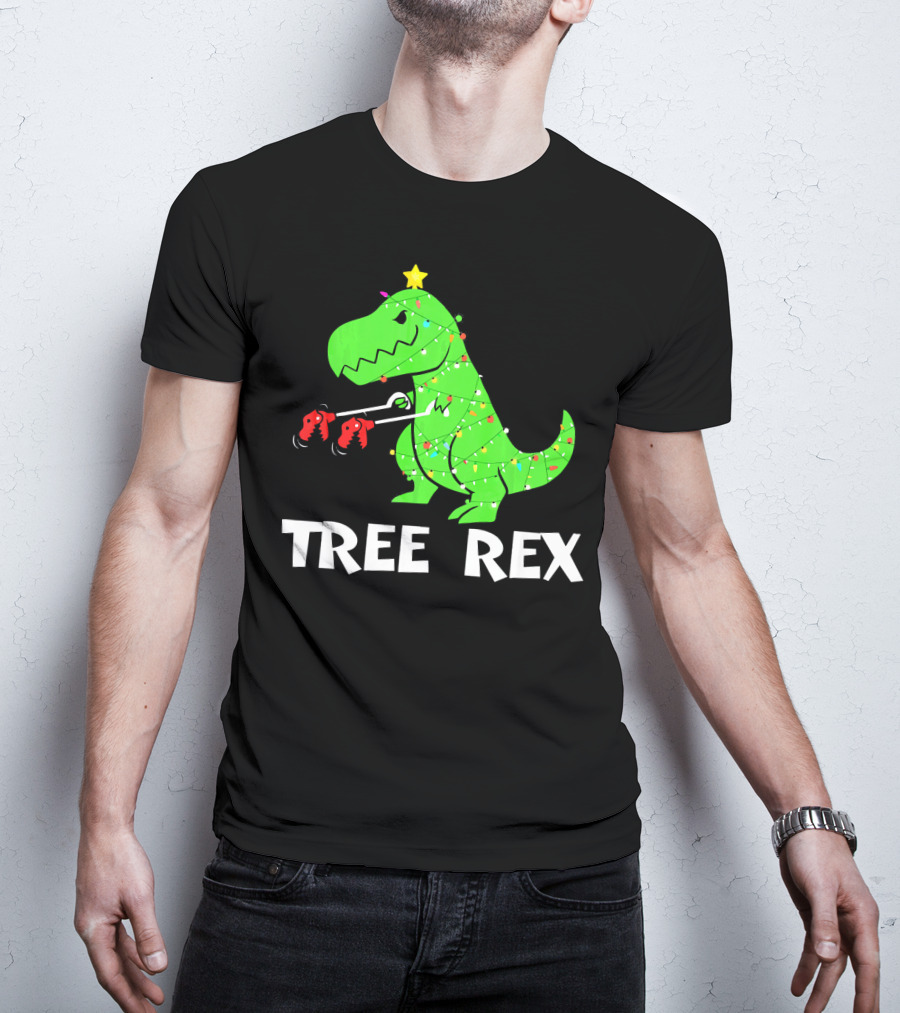 Tree Rex Funny Christmas Dinos Wrapped In Lights T-Shirt