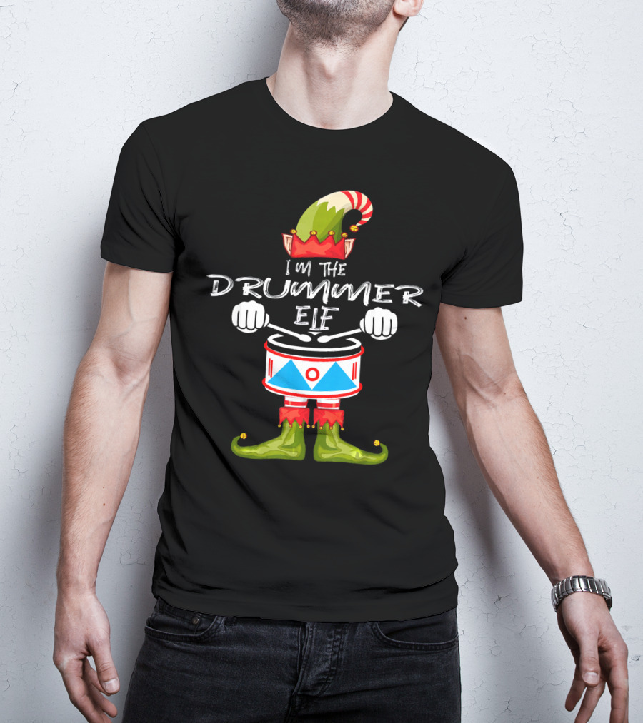I'M THE DRUMMER ELF Christmas Hat Striped Candy Cane Elf Boots Drumsticks T-Shirt