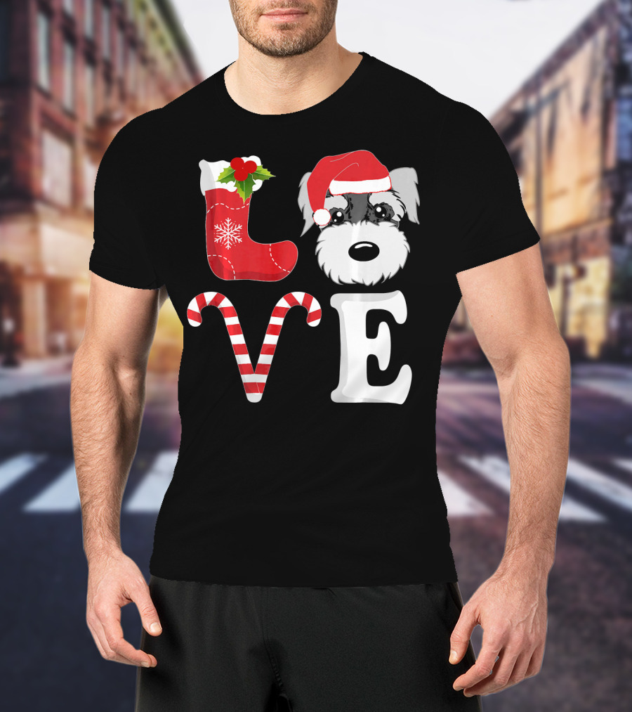 LOVE Miniature Schnauzer Santa Christmas Candy Cane T-Shirt