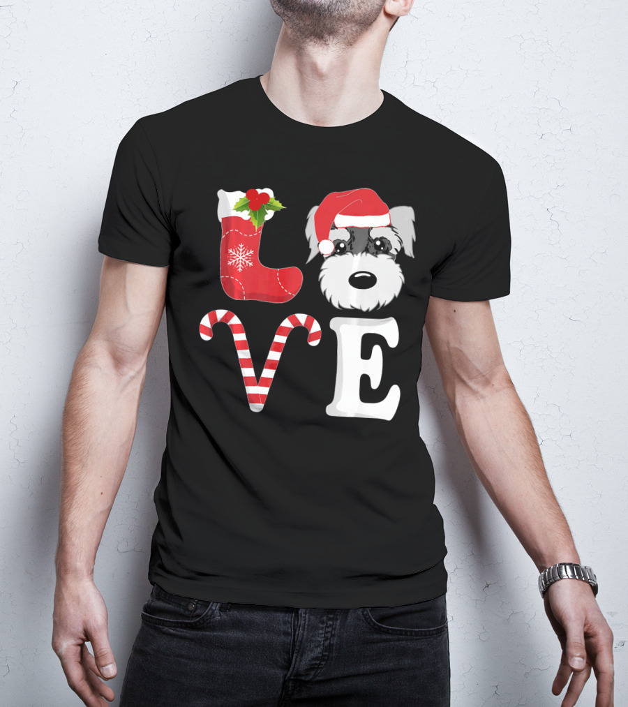 LOVE Miniature Schnauzer Santa Christmas Candy Cane T-Shirt