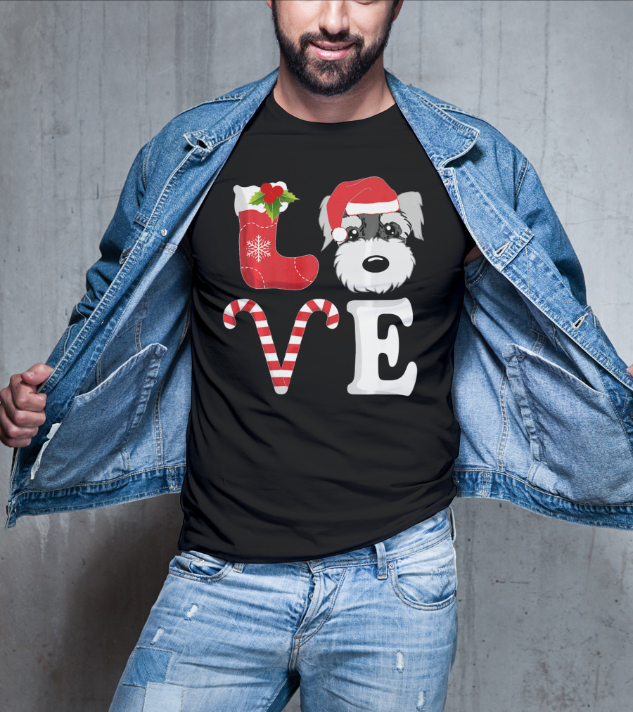 LOVE Miniature Schnauzer Santa Christmas Candy Cane T-Shirt