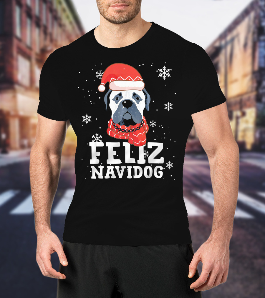 Feliz Navidog Bullmastiff Dog Christmas Santa Hat Snowflakes T-Shirt