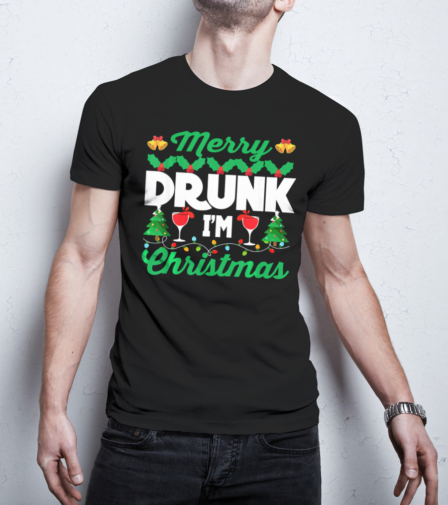 Merry Drunk I'm Christmas Wine Bells Lights Trees T-Shirt