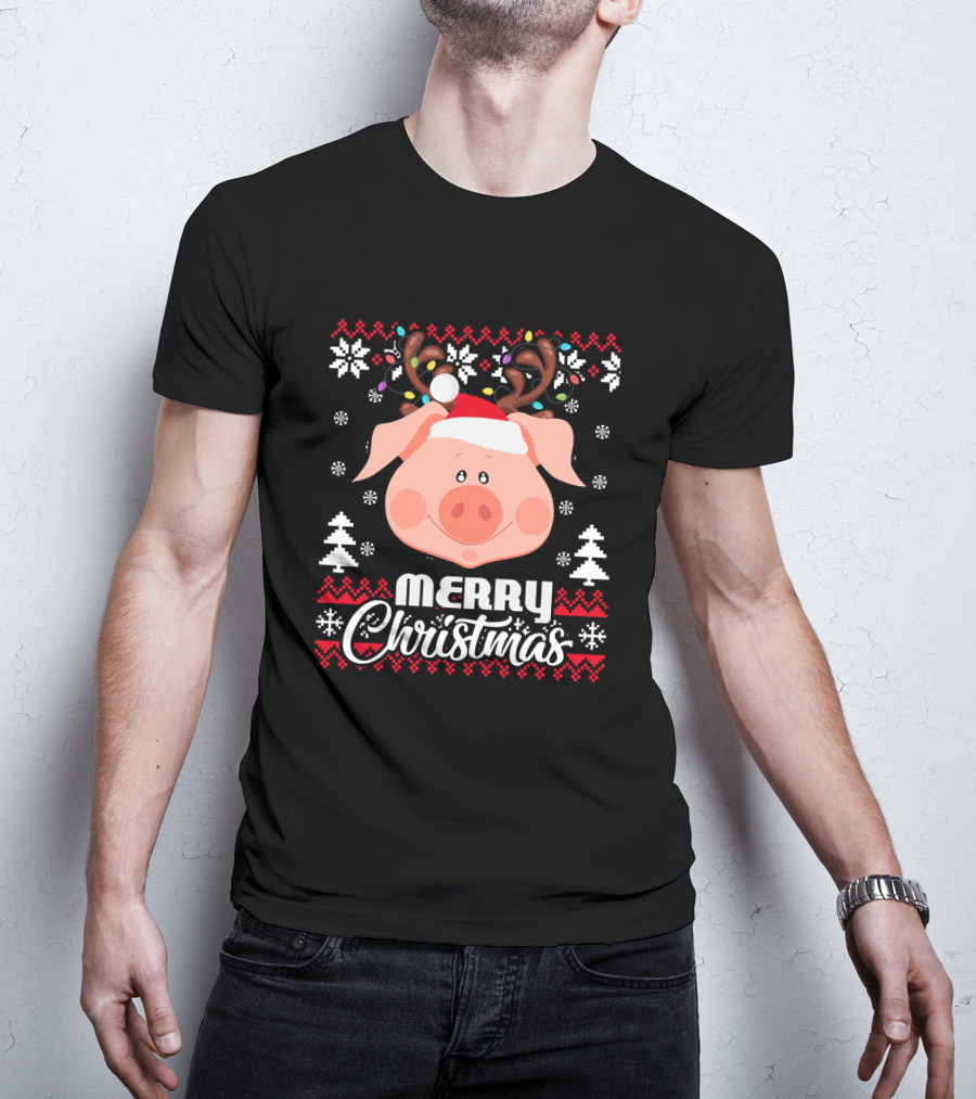 Merry Christmas Pig Santa Hat Antler Ugly T-Shirt