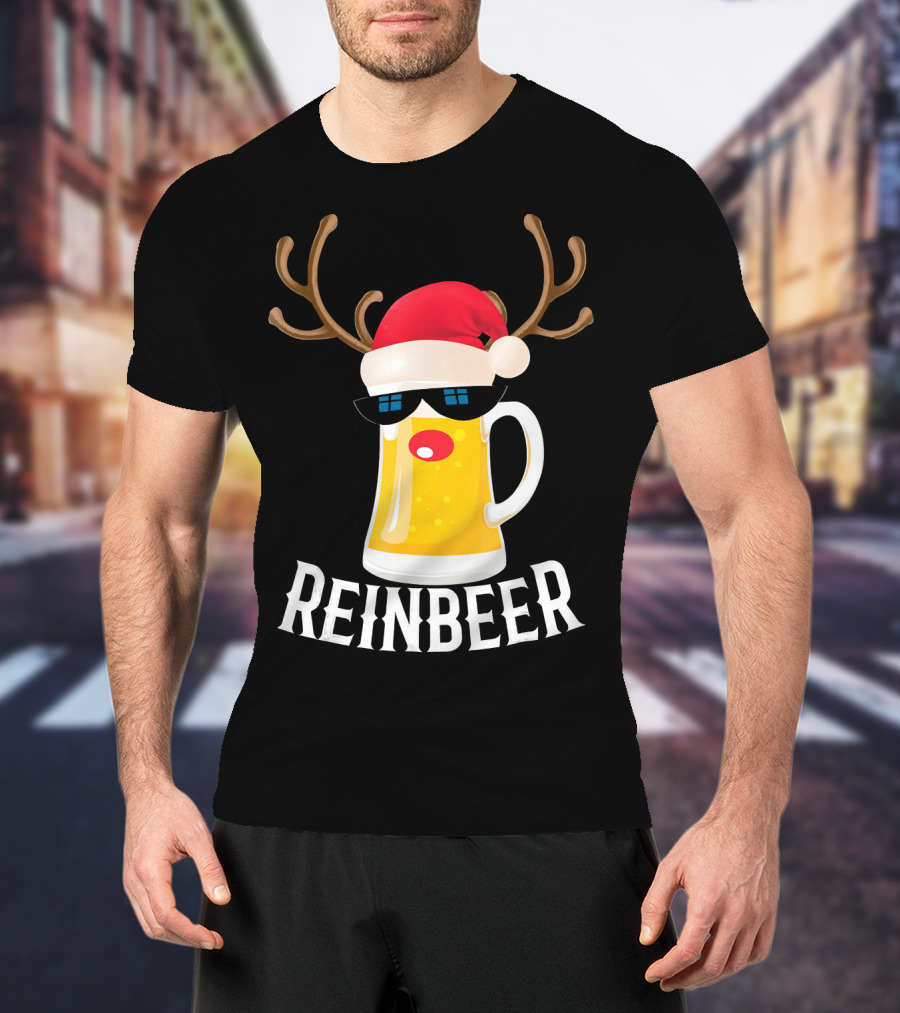 Reindeer Beer Christmas Funny Drinking Reinbeer Santa Hat T-Shirt