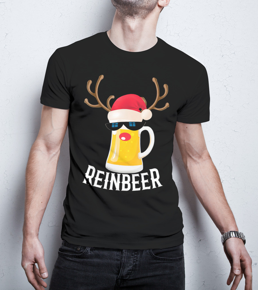 Reindeer Beer Christmas Funny Drinking Reinbeer Santa Hat T-Shirt