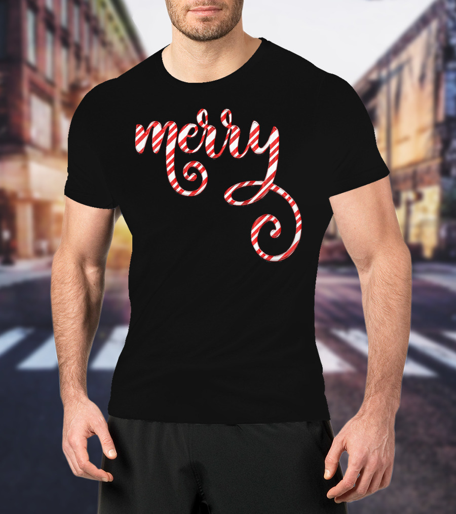 Merry Christmas Script Candy Cane Stripes T-Shirt