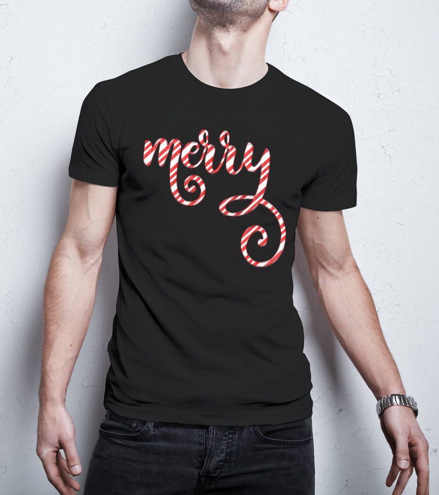 Merry Christmas Script Candy Cane Stripes T-Shirt