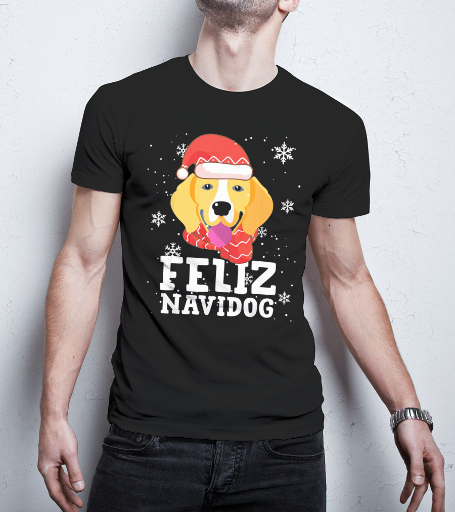 Feliz Navidog Beagle Dog Funny Christmas Snowflakes Santa Hat T-Shirt