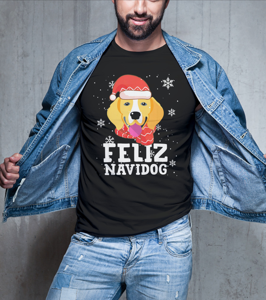 Feliz Navidog Beagle Dog Funny Christmas Snowflakes Santa Hat T-Shirt
