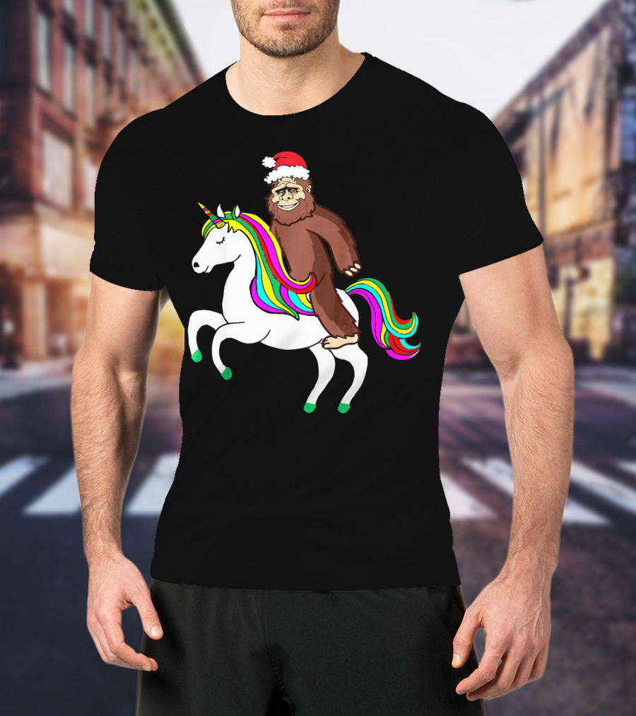 Bigfool Riding Unicorn With Santa Hat Rainbow Mane T-Shirt