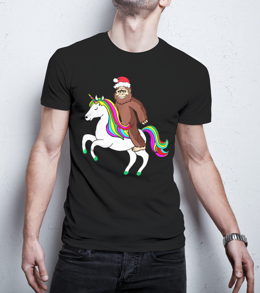 Bigfool Riding Unicorn With Santa Hat Rainbow Mane T-Shirt
