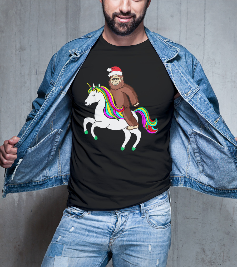 Bigfool Riding Unicorn With Santa Hat Rainbow Mane T-Shirt