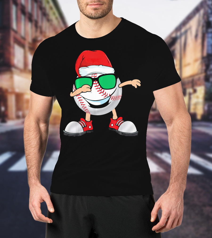 Dabbing Baseball With Santa Hat And Sunglasses T-Shirt