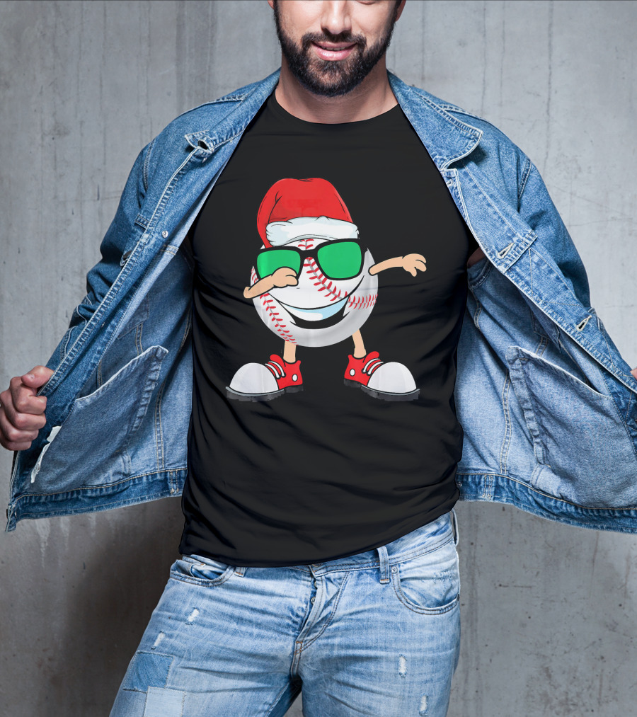 Dabbing Baseball With Santa Hat And Sunglasses T-Shirt