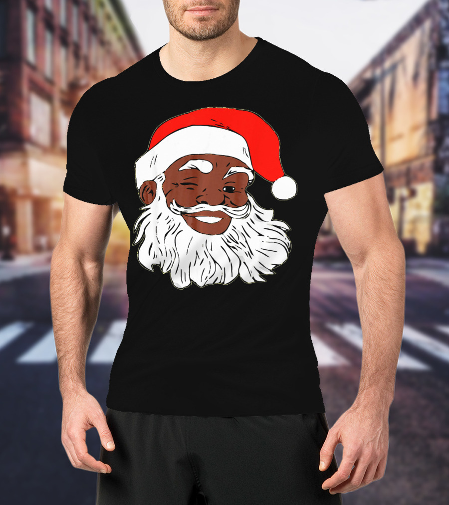 Black Santa Claus Winking In Red Hat T-Shirt