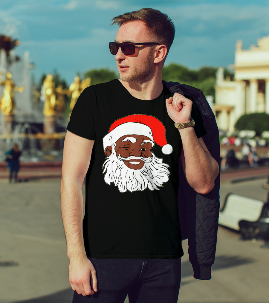 Black Santa Claus Winking In Red Hat T-Shirt