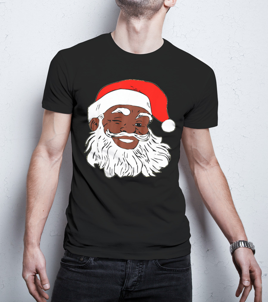 Black Santa Claus Winking In Red Hat T-Shirt
