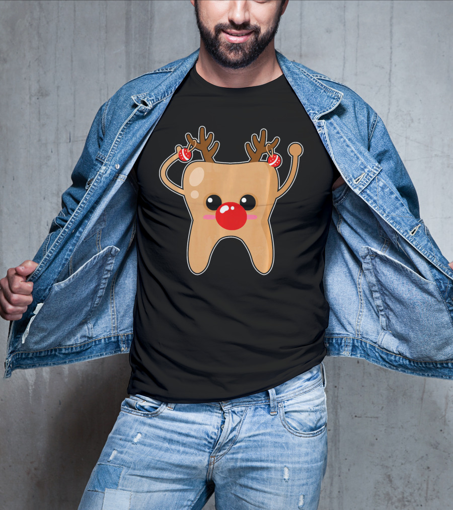 Tooth Emoji Reindeer With Antlers And Red Nose Costume T-Shirt