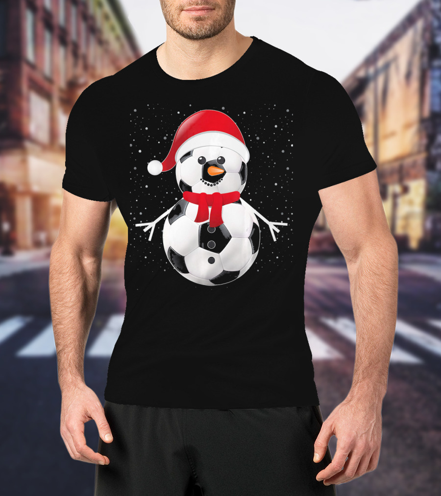 Soccer Football Snowman Santa Hat Scarf Holiday Winter Snowflakes T-Shirt