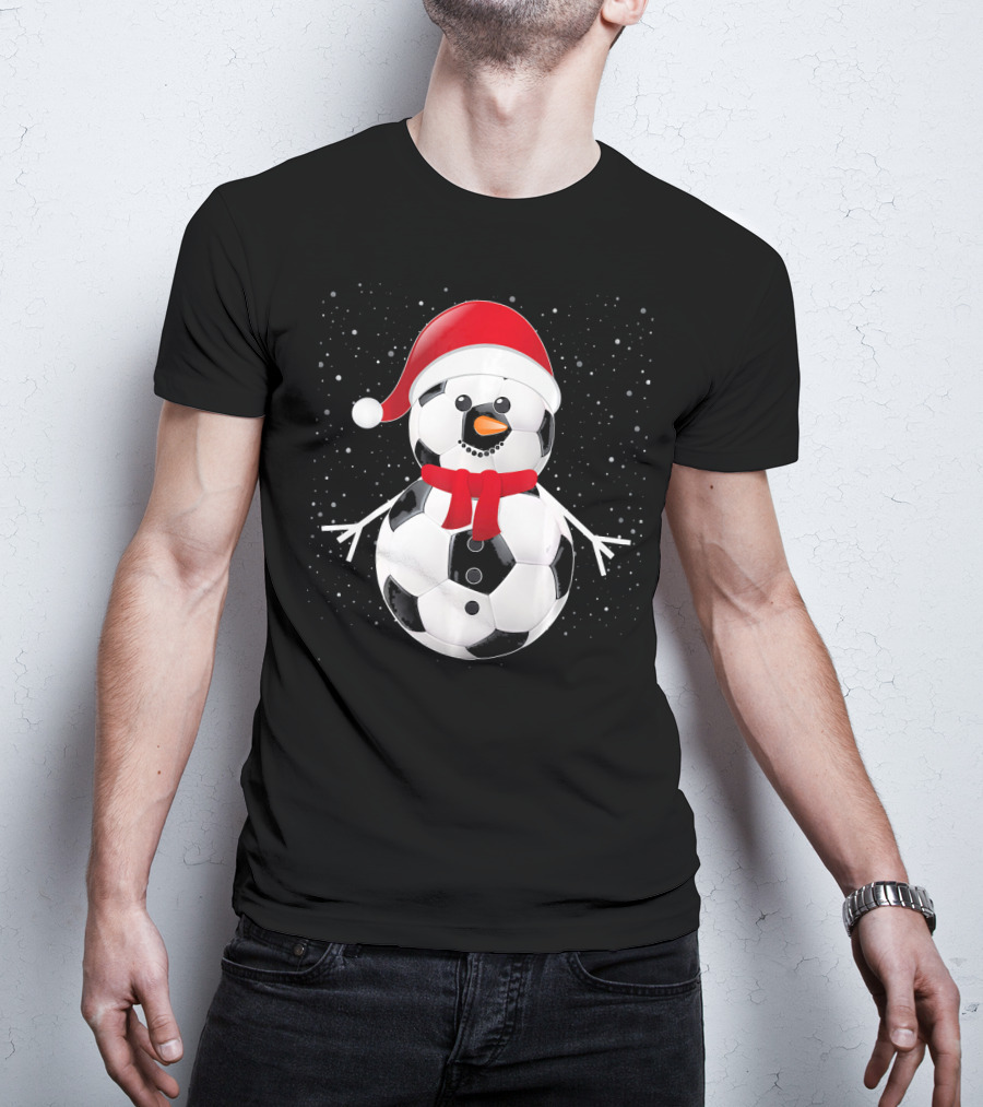 Soccer Football Snowman Santa Hat Scarf Holiday Winter Snowflakes T-Shirt