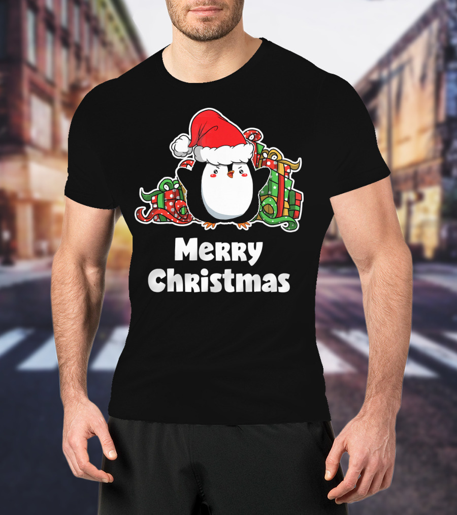 Merry Christmas Penguin Santa Hat Gift Wrapping T-Shirt